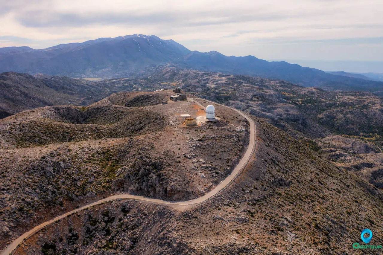Skinakas observatory on Skinakas peak at Psiloritis mountain, with view to Nida plateau and the highest peaks of Psiloritis