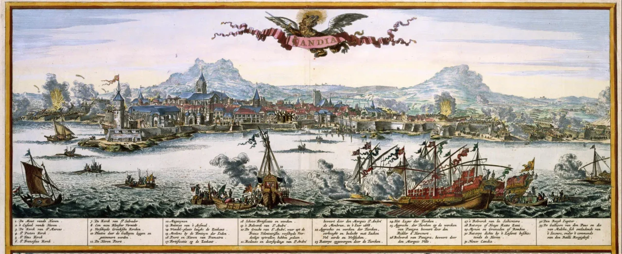 a 17th-century panoramic etching and engraving that captures a dramatic moment during the final, intense years of the Siege of Candia (1648-1669). Created by the Dutch printmaker Nicolaes Visscher I around 1668, this work served as a form of visual journalism for a European audience captivated by the epic struggle between the Republic of Venice and the Ottoman Empire.