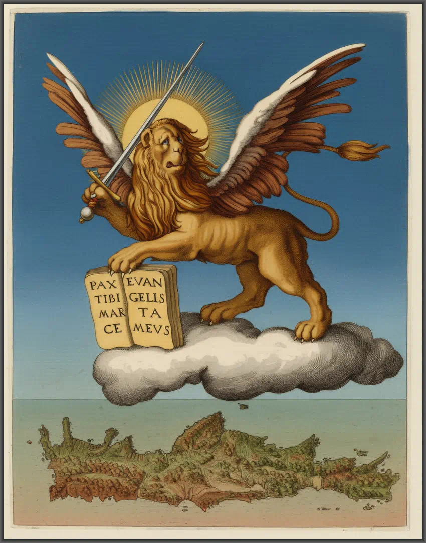 An engraving by the Venetian artist Marco Boschini depicts the Lion of Saint Mark standing over a map of Crete. Created in 1651 for Boschini's book "Il Regno Tutto di Candia" (The Entire Kingdom of Candia).